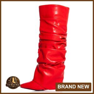 Knee High Wedge Heel Boots Patent Leather Wide Calf Slip On